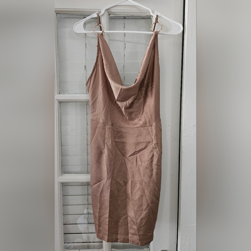 PrettyLittleThing Satin Cowl Neck Mini Dress – Mocha Nude (Size 6)